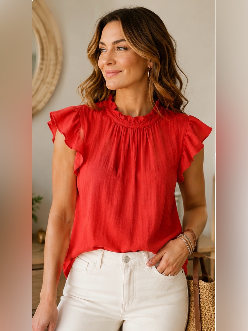 Marc New York Red Flutter Sleeve Blouse Romantic Ruffle Neck Top Size XL